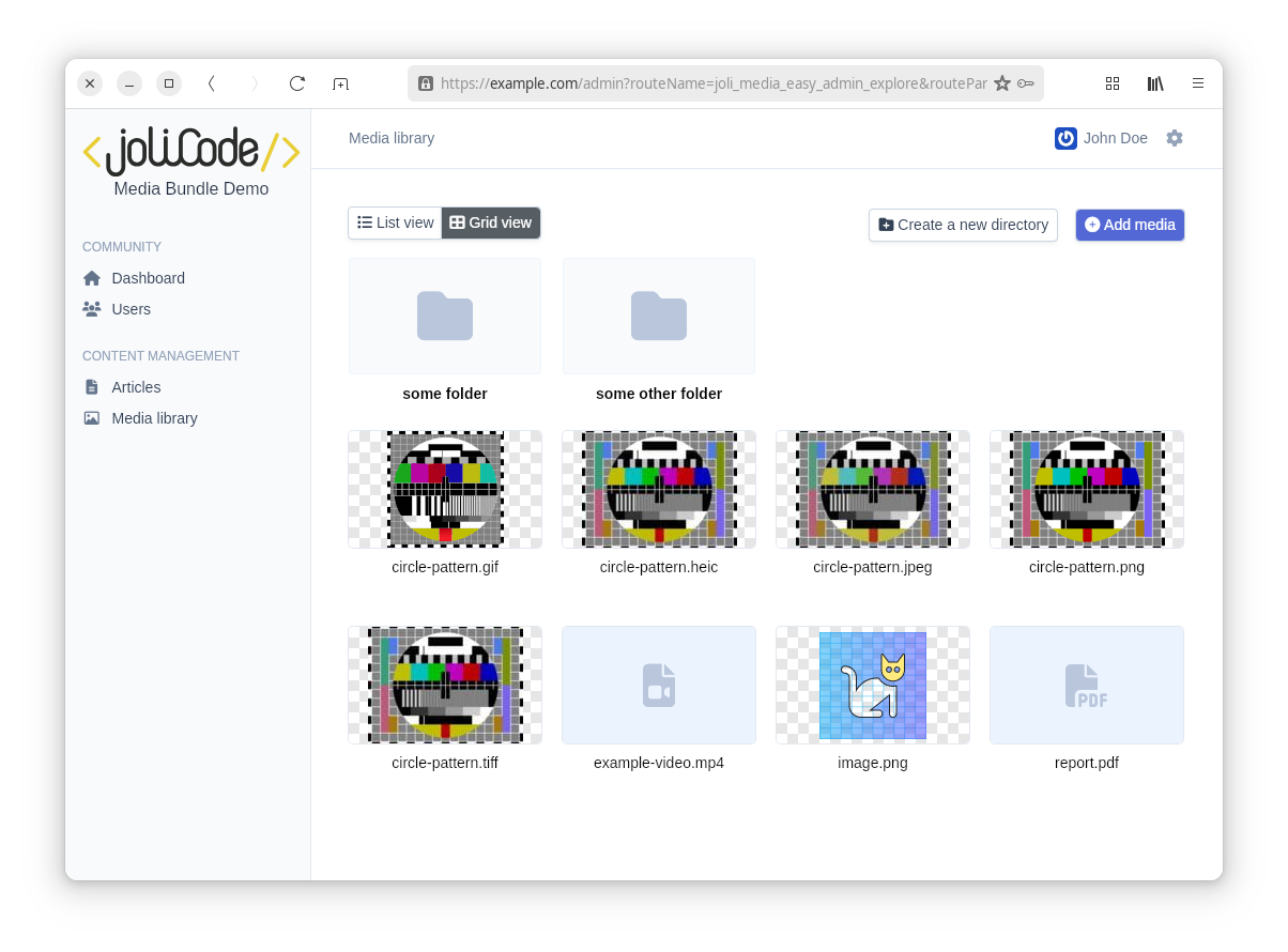 The EasyAdmin media library grid view