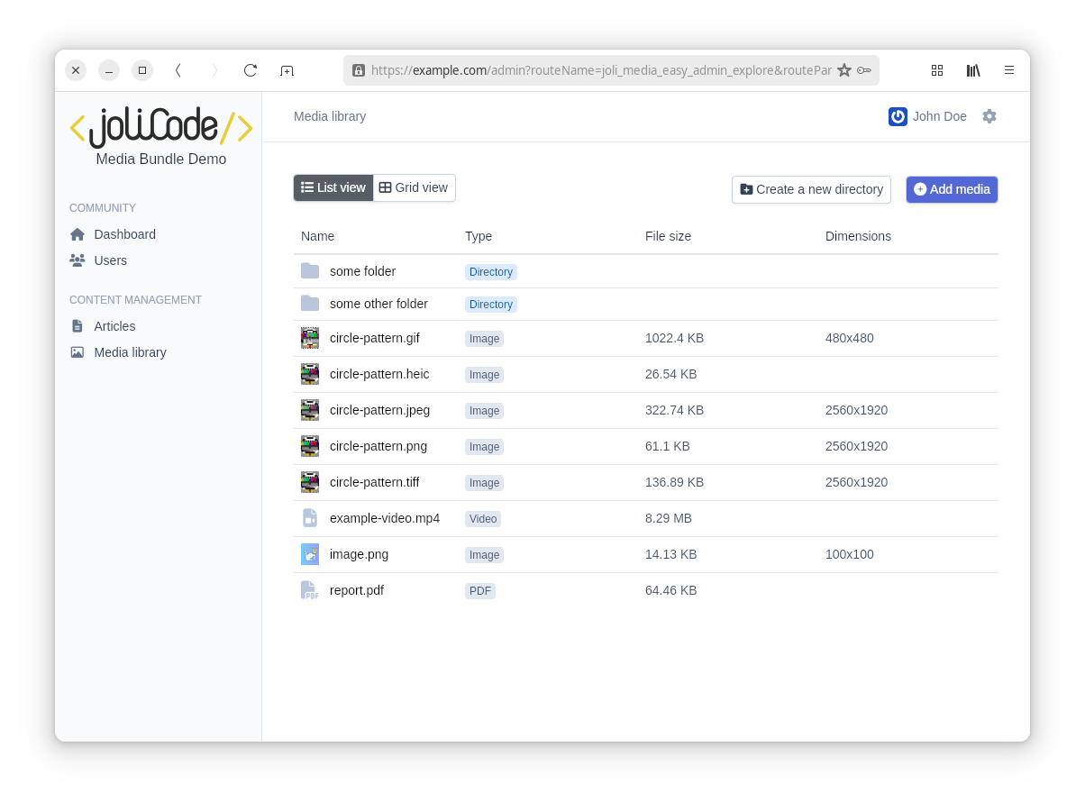 The EasyAdmin media library list view