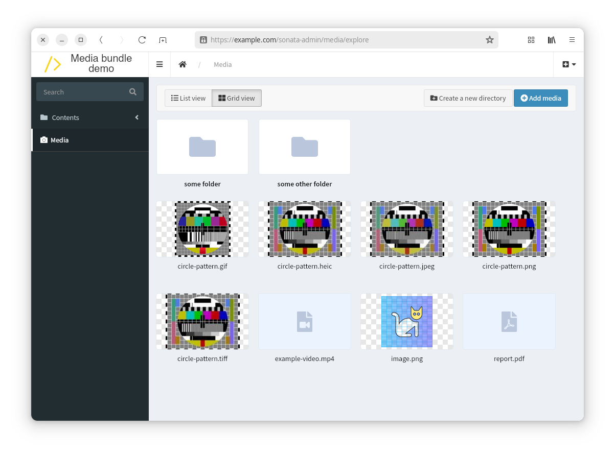 The Sonata Admin media library grid view