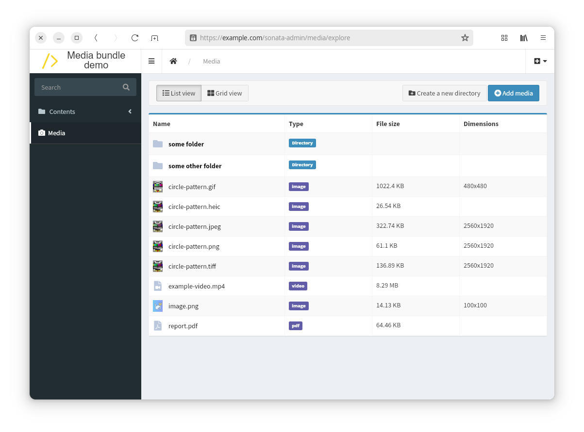 The Sonata Admin media library list view