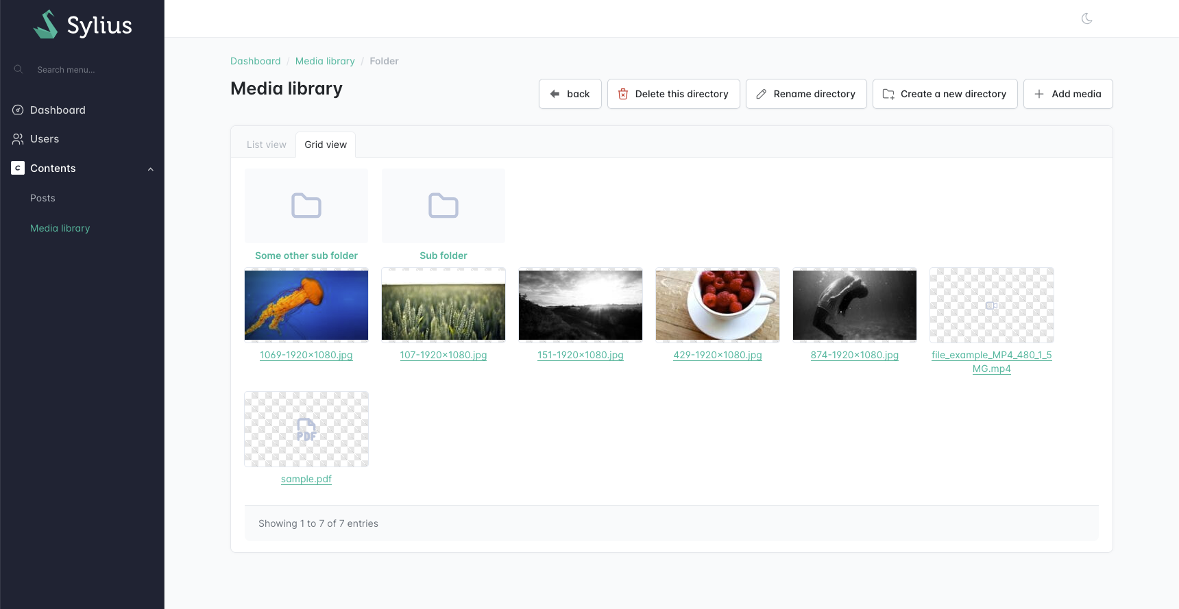 The Sylius media library grid view