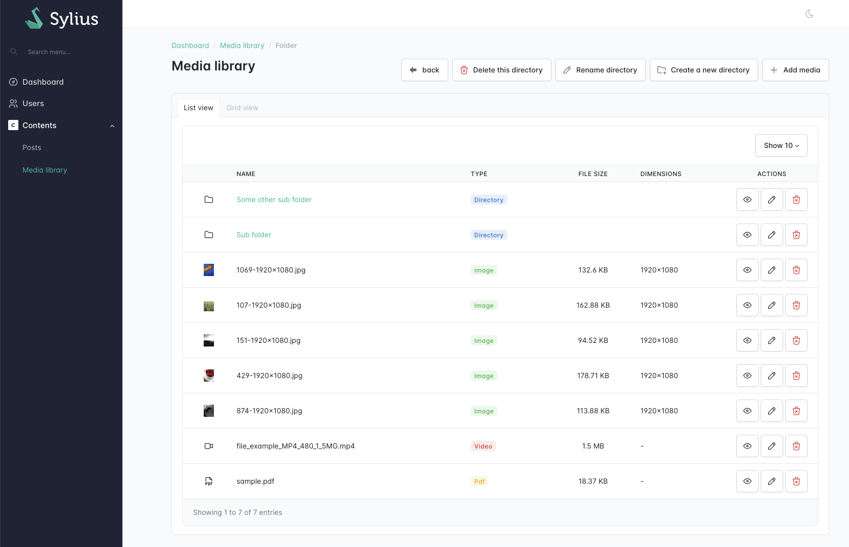 The Sylius media library list view